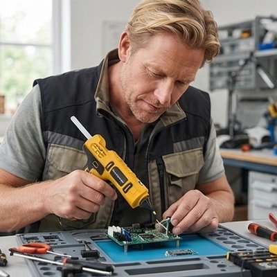 pistolet à colle jaune utilisé sur un circuit électronique
