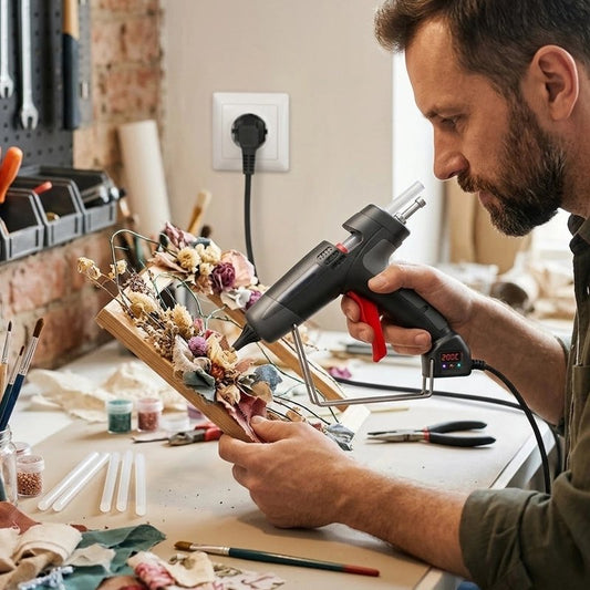 pistolet a colle manié par un homme dans son atelier
