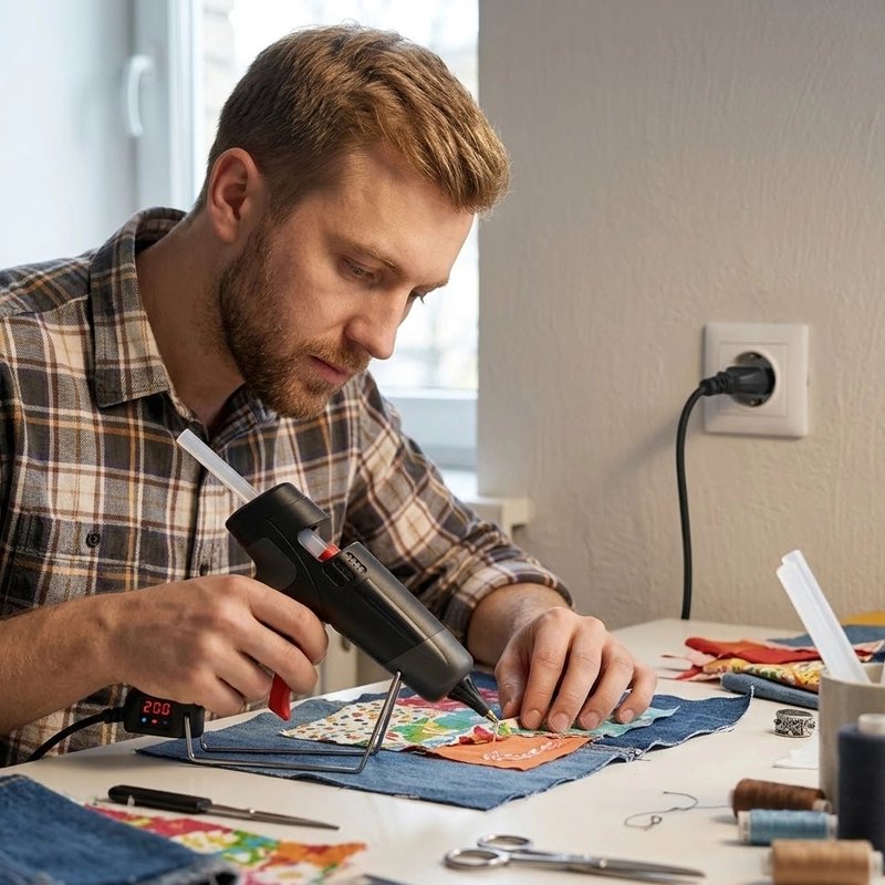 pistolet a colle manié par un homme en chemise à carreaux