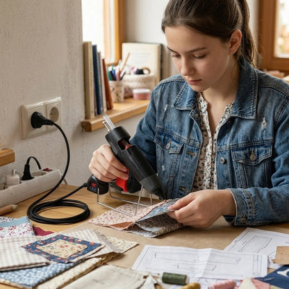 pistolet a colle manié par une femme en veste en jean