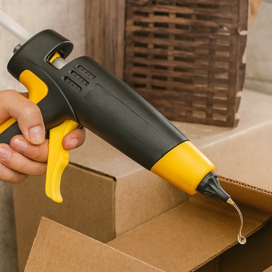 pistolet à colle noir et jaune appliquant de la colle sur du carton