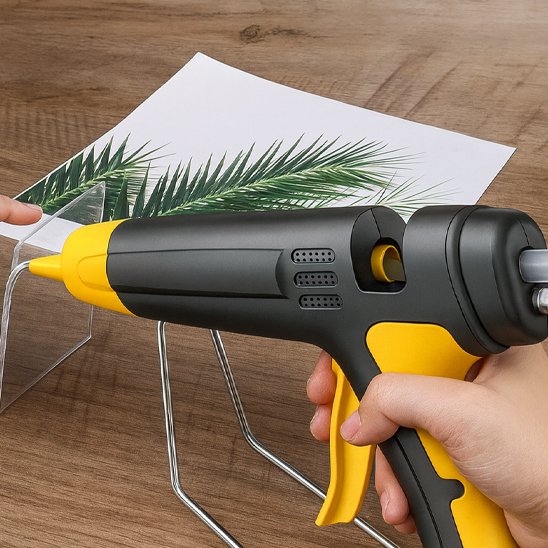 pistolet à colle noir et jaune tenu au-dessus de feuilles vertes