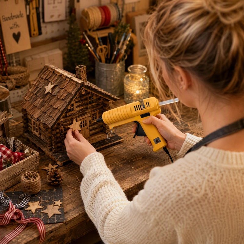 pistolet a colle pour fixer une étoile sur une maison miniature