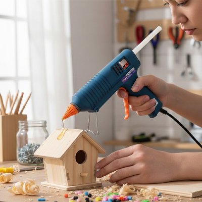 pistolet à colle tenu au-dessus d’un nichoir en bois décoré