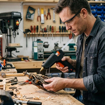 pistolet a colle tenu avec soin au-dessus de pièces mécaniques