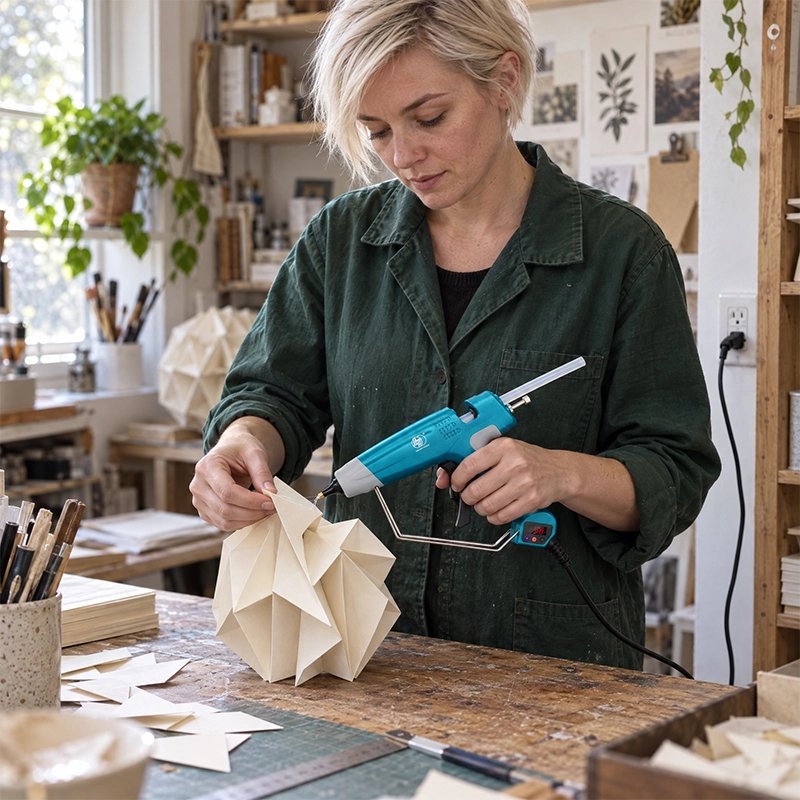 pistolet a colle turquoise tenu par une femme en atelier