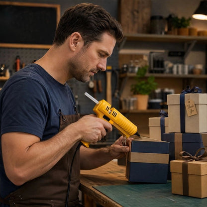 pistolet a colle utilisé par un homme concentré dans son atelier