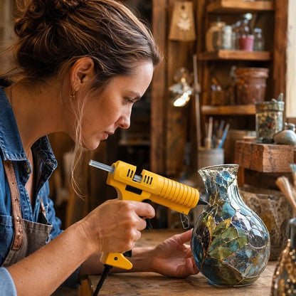 pistolet a colle utilisé par une femme concentrée sur un vase
