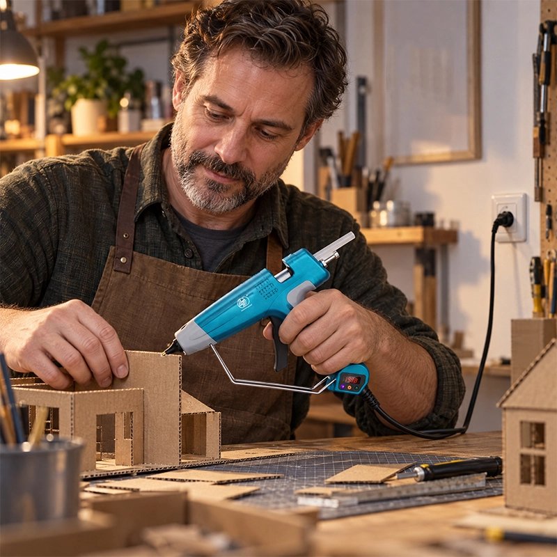 pistolet a colle utilisé pour assembler une maison en carton