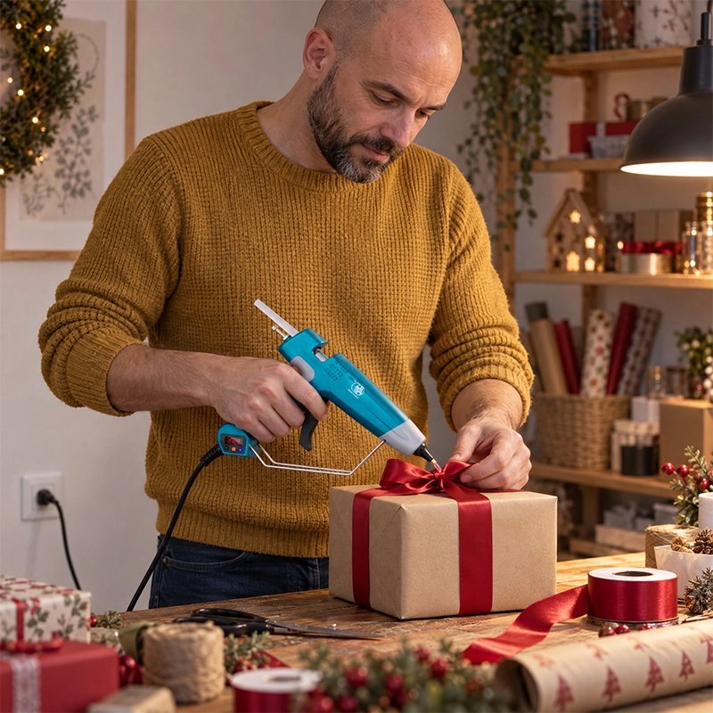 pistolet a colle utilisé pour fixer un nœud rouge sur un cadeau