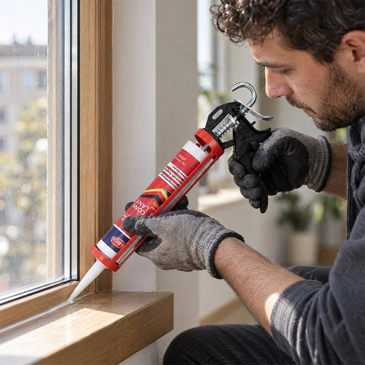 Pistolet à silicone appliquant un joint sur un appui de fenêtre