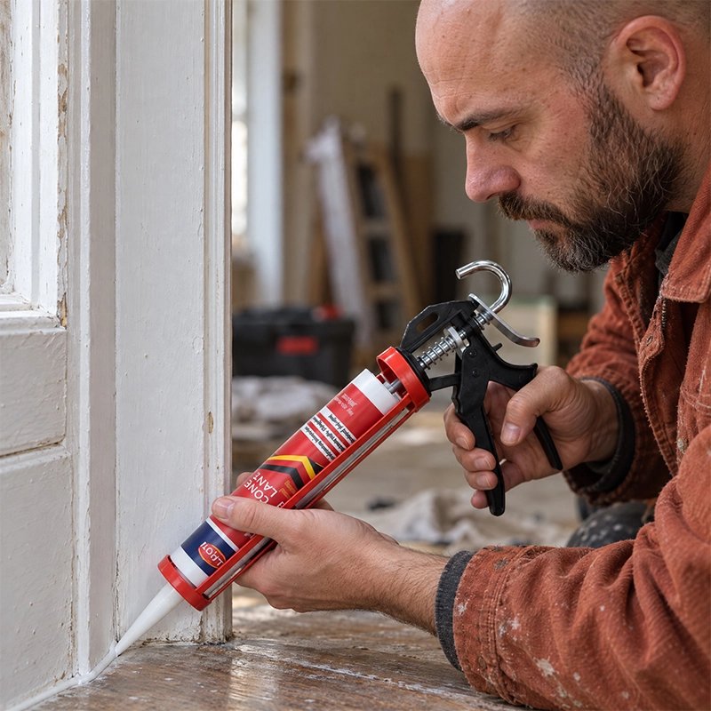 Pistolet à silicone utilisé par un homme sur un cadre peint