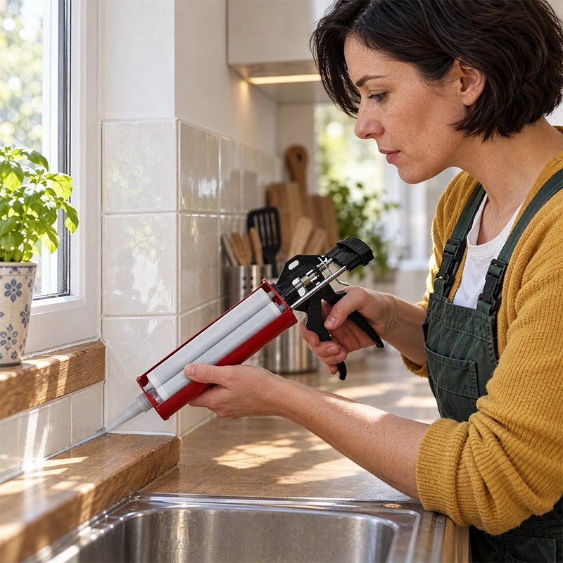 Pistolet à silicone utilisé par une femme dans une cuisine lumineuse