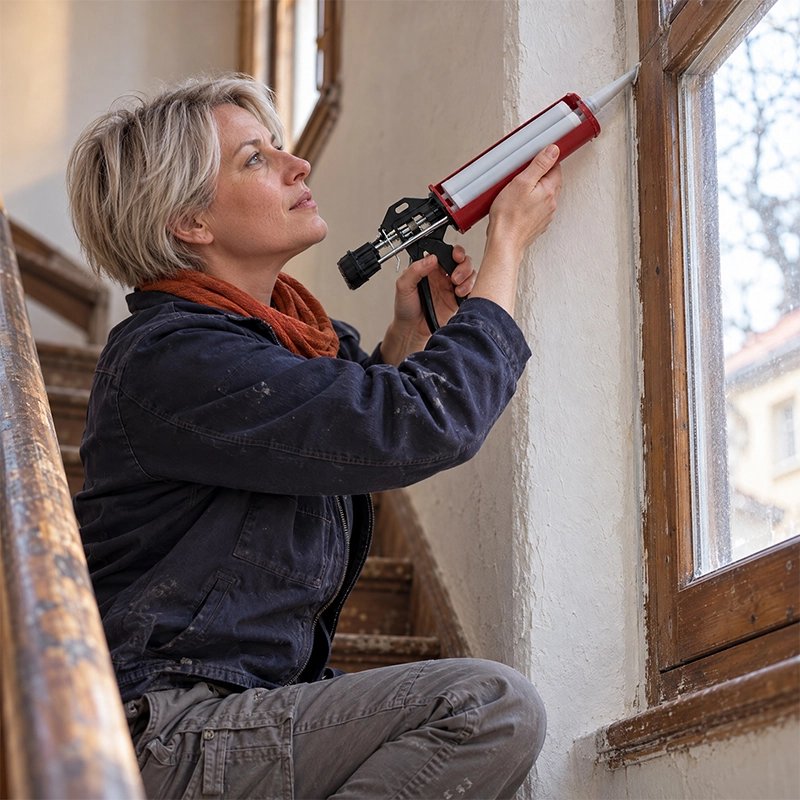 Pistolet à silicone utilisé par une femme lors d'une rénovation