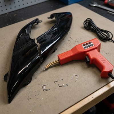 pistolet à souder à côté d’une pièce noire agrafée
