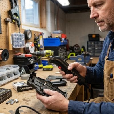 pistolet à souder avec embouts en cuivre dans un atelier
