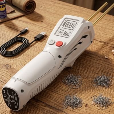 pistolet à souder blanc à bouton rouge, entouré d’agrafes