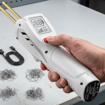 pistolet à souder blanc avec deux pointes dorées, tenu en main