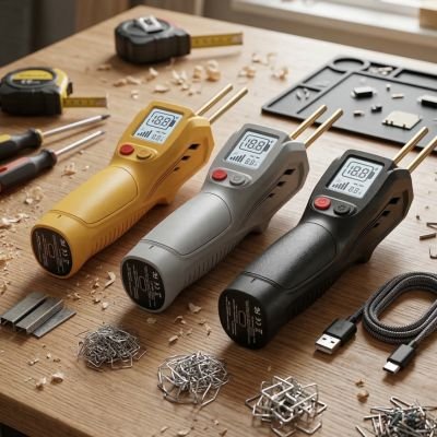 pistolet à souder jaune, gris et noir alignés sur un établi