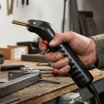 pistolet à souder manipulé au-dessus d’une surface en métal