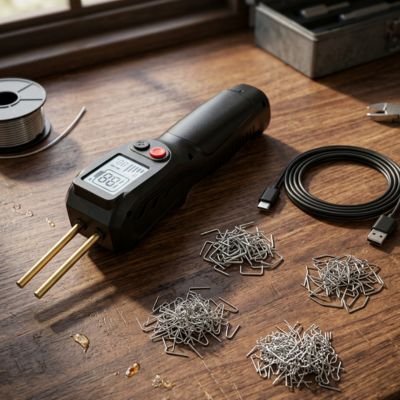 pistolet à souder noir posé près d’un câble USB et d’agrafes