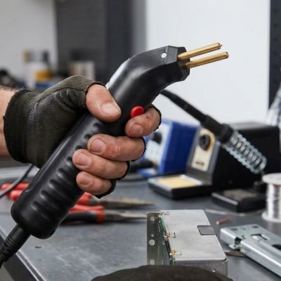 pistolet à souder utilisé près d’une tôle découpée