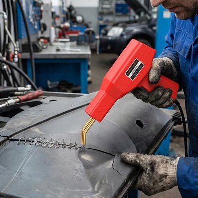 pistolet à souder utilisé sur une fissure bordée d’agrafes