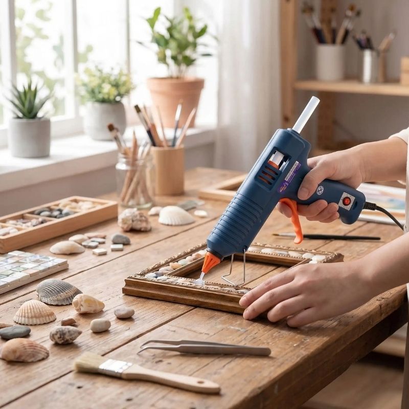pistolet à colle bleu appliqué sur un cadre décoré de coquillages