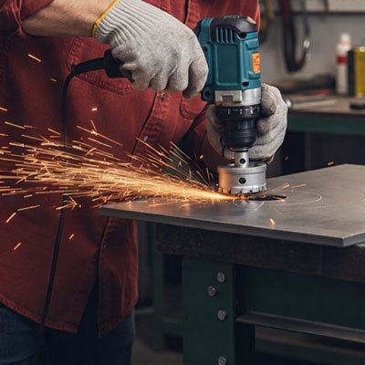 scie cloche metal perçant une plaque d’acier