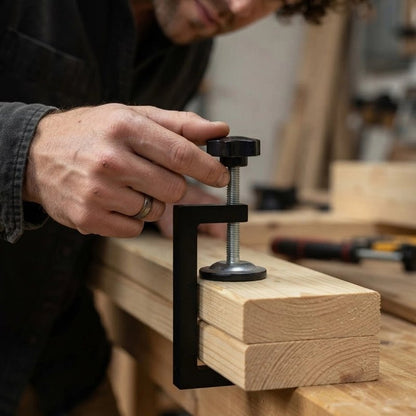 serre joint avec patin rond appuyant sur le bois clair
