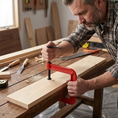 serre joint rouge ajusté à deux mains par un homme