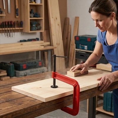 serre joint rouge fixant une planche claire dans un atelier