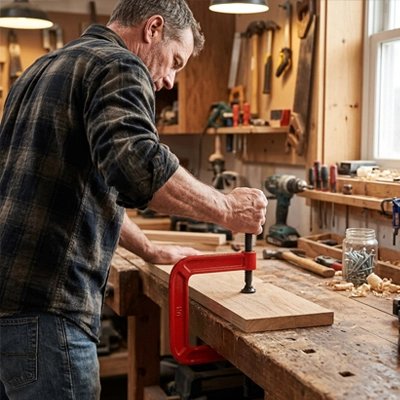 serre joint rouge serré par un homme dans un atelier