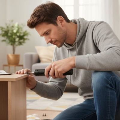 tournevis électronique utilisé au bord d'un meuble en bois